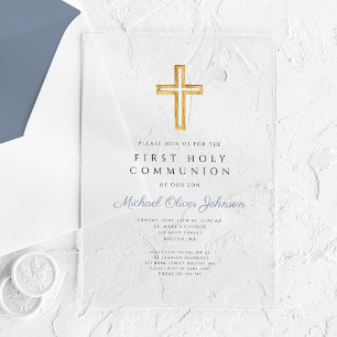 Invitaciones Acrílicas Cruz religiosa azul polvorienta niño primera comun