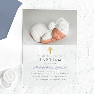 Invitaciones Acrílicas Cruz Religiosa Azul Polvoriento Niño Foto Bautizo