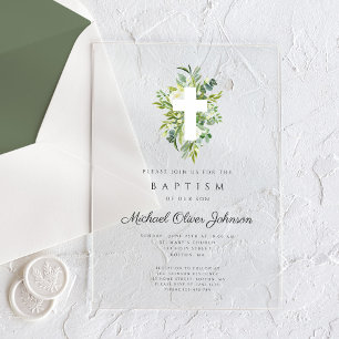 Invitaciones Acrílicas Cruz Religiosa Elegante Botánica Bautizo