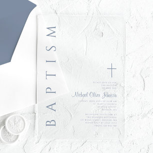 Invitaciones Acrílicas Cruz Religiosa Elegante Polvoriento Azul Niño Baut