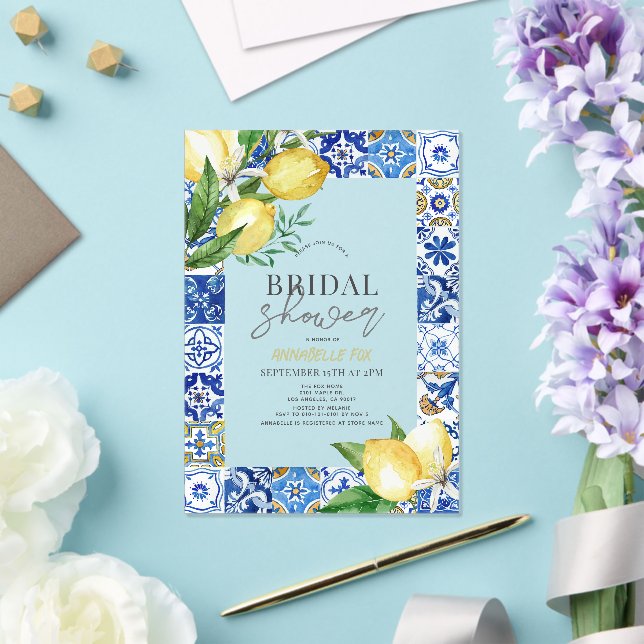 Invitaciones Acrílicas Cubierta azul mediterránea Citrus Lemon Bridal Duc (Insitu (Boda))