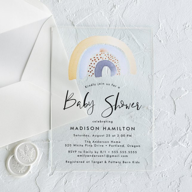 Invitaciones Acrílicas Cuidado azul acuarela Arcoiris Baby Shower (Subido por el creador)