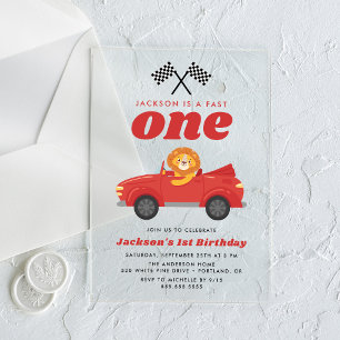 Invitaciones Acrílicas Cumpleaños 1º León Coche de Carreras Rojo Veloz