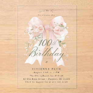Invitaciones Acrílicas Cumpleaños 100 Claro Acrílico Rosa Floral Lazo