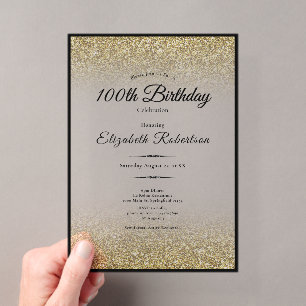 Invitaciones Acrílicas Cumpleaños 100 Elegante Negro y Dorado Brillante