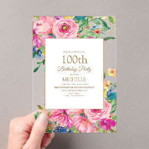 Invitaciones Acrílicas Cumpleaños 100 Pink Floral Amarillo Dorado Brillan
