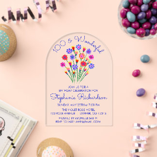 Invitaciones Acrílicas Cumpleaños 100 y Maravilloso de Flores Silvestres