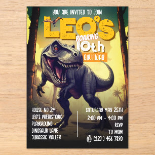 Invitaciones Acrílicas Cumpleaños 10 del entusiasta del dinosaurio T-Rex