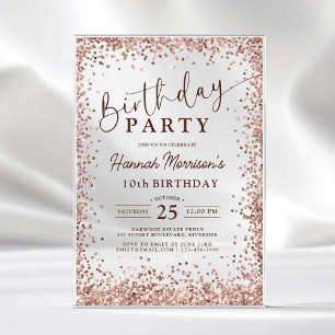 Invitaciones Acrílicas Cumpleaños 10 Elegante Rosa Dorado Metálico Brilla