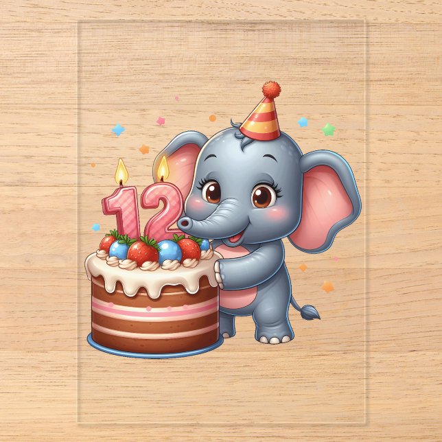 Invitaciones Acrílicas Cumpleaños 12 de elefante lindo (Anverso)