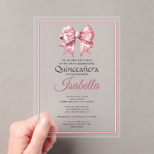 Invitaciones Acrílicas Cumpleaños 15 Elegante Lazo Rosa Quinceañera