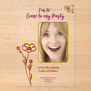 Invitaciones Acrílicas Cumpleaños 16 Brillante Feliz Flor Púrpura y Amari