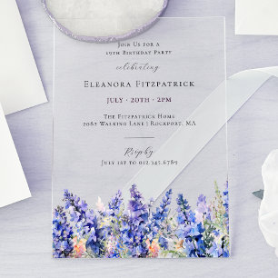 Invitaciones Acrílicas Cumpleaños 19 Blue Larkspur Flor de nacimiento de