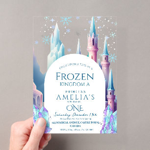 Invitaciones Acrílicas Cumpleaños 1 Castillo de Dibujos Animados Frozen