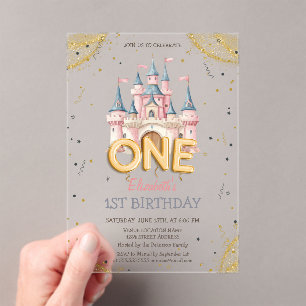 Invitaciones Acrílicas Cumpleaños 1 Castillo de Princesa Confeti Acuarela