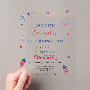 Invitaciones Acrílicas Cumpleaños 1 de Little Firecracker el 4 de Julio