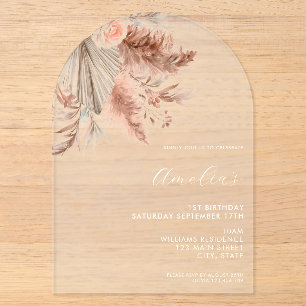 Invitaciones Acrílicas Cumpleaños 1 Elegante Minimalista Boho Floral