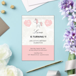 Invitaciones Acrílicas Cumpleaños 1er Unicornio Rosa Lindo 