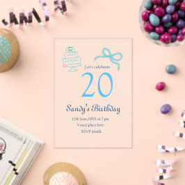 Invitaciones Acrílicas Cumpleaños 20 azul lazo pastel nombre fecha retro