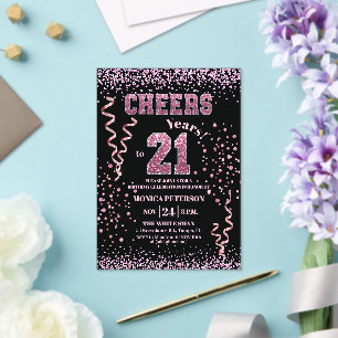 Invitaciones Acrílicas Cumpleaños 21 con cristales de lentejuelas rosadas