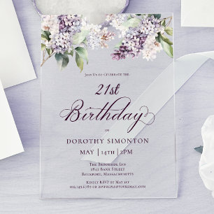 Invitaciones Acrílicas Cumpleaños 21 Flor de Lila Primavera Púrpura