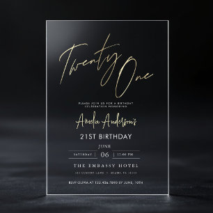 Invitaciones Acrílicas Cumpleaños 21 Minimalista Elegante Escritura en Or