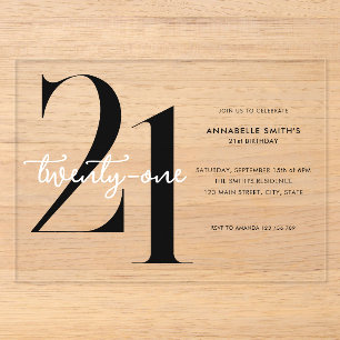 Invitaciones Acrílicas Cumpleaños 21 Minimalista Moderno