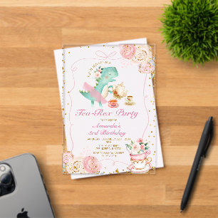 Invitaciones Acrílicas Cumpleaños 3º Tea-Rex Tutu Fiesta Dinosaurio Niña