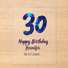 Invitaciones Acrílicas cumpleaños 30 añadir nombre fecha año azul destell
