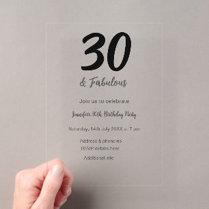 Invitaciones Acrílicas cumpleaños 30 añadir nombre fecha año negro