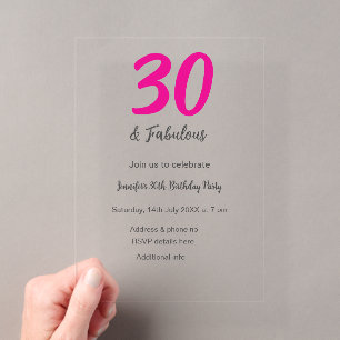 Invitaciones Acrílicas cumpleaños 30 añadir nombre fecha año negro