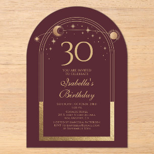 Invitaciones Acrílicas Cumpleaños 30 Celeste Rojo Dorado Sol Luna Estrell