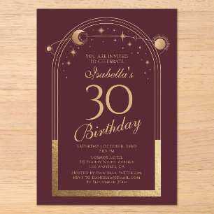 Invitaciones Acrílicas Cumpleaños 30 Celeste Rojo Dorado Sol Luna Estrell
