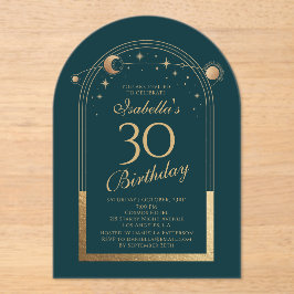 Invitaciones Acrílicas Cumpleaños 30 Celeste Verde Dorado Sol Luna