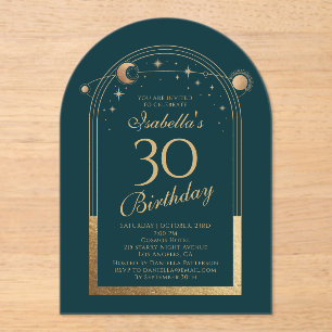 Invitaciones Acrílicas Cumpleaños 30 Celeste Verde Dorado Sol Luna