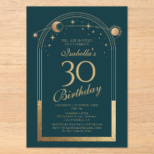 Invitaciones Acrílicas Cumpleaños 30 Celeste Verde Oro Sol Luna Estrellas