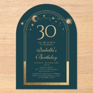 Invitaciones Acrílicas Cumpleaños 30 Celeste Verde Oro Sol Luna Estrellas