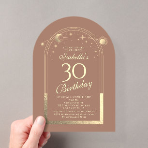 Invitaciones Acrílicas Cumpleaños 30 Celestial Mocha Gold Sol Luna Estrel