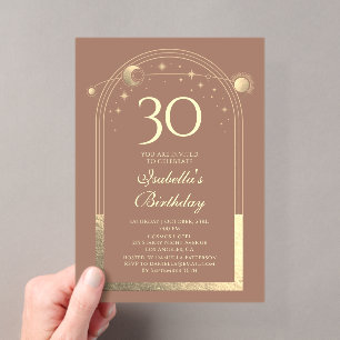 Invitaciones Acrílicas Cumpleaños 30 Celestial Mocha Gold Sol Luna Estrel