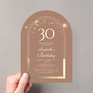 Invitaciones Acrílicas Cumpleaños 30 Celestial Mocha Gold Sol Luna Estrel