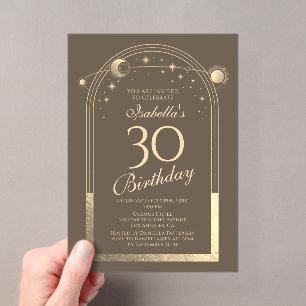 Invitaciones Acrílicas Cumpleaños 30 Celestial Mocha Gold Sol Luna Estrel
