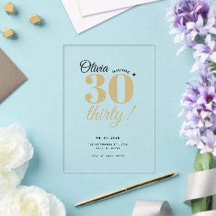 Invitaciones Acrílicas Cumpleaños 30 Elegante Champagne Oro