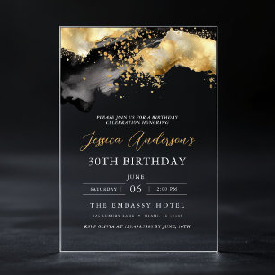 Invitaciones Acrílicas Cumpleaños 30 Minimalista con Letra Negra y Dorada
