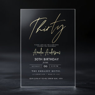 Invitaciones Acrílicas Cumpleaños 30 Minimalista Dorado Elegante Letra
