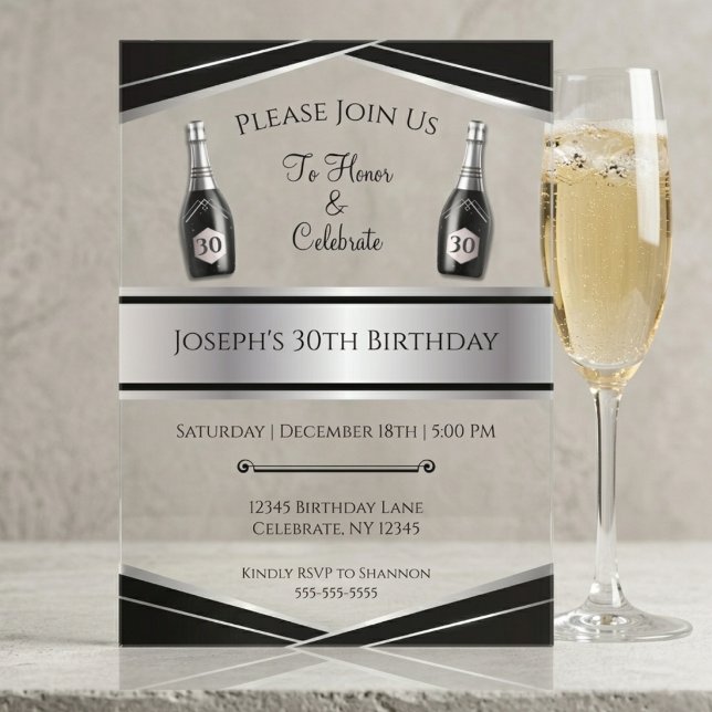 Invitaciones Acrílicas Cumpleaños 30 sofisticado para él en negro y plata (Sophisticated Masculine 30th Birthday Acrylic Invite with Silver Art Deco & Black Details.)
