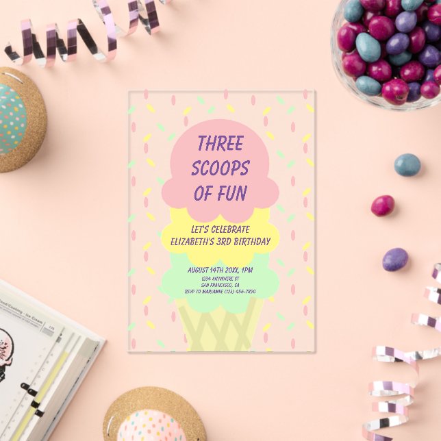 Invitaciones Acrílicas Cumpleaños 3 de Helado (Insitu (Celebración))