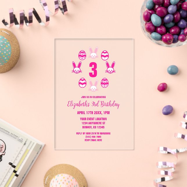 Invitaciones Acrílicas Cumpleaños 3 Pink Easter (Insitu (Celebración))