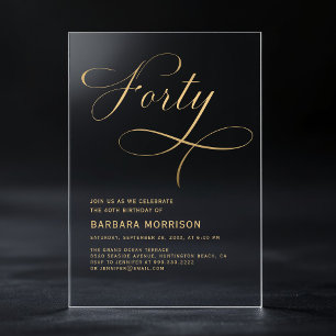 Invitaciones Acrílicas Cumpleaños 40 Elegant Script Forty Negro Oro