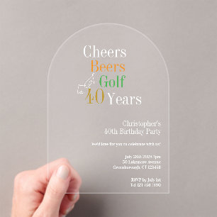 Invitaciones Acrílicas Cumpleaños 40 Golf Brindis Cervezas Fiesta
