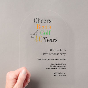 Invitaciones Acrílicas Cumpleaños 40 Golf Cheers Cervezas Fiesta